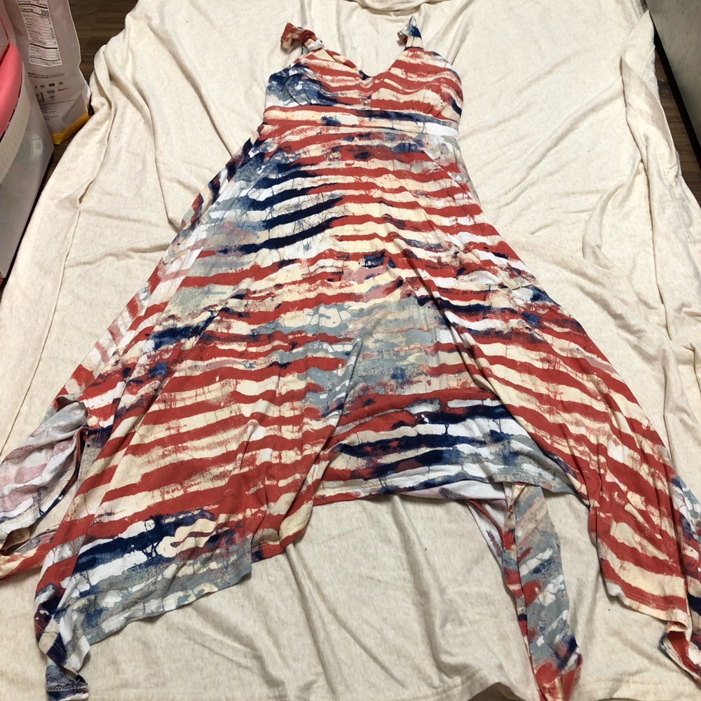 American Rag Red White Navy Striped Handkerchief Midi Dress